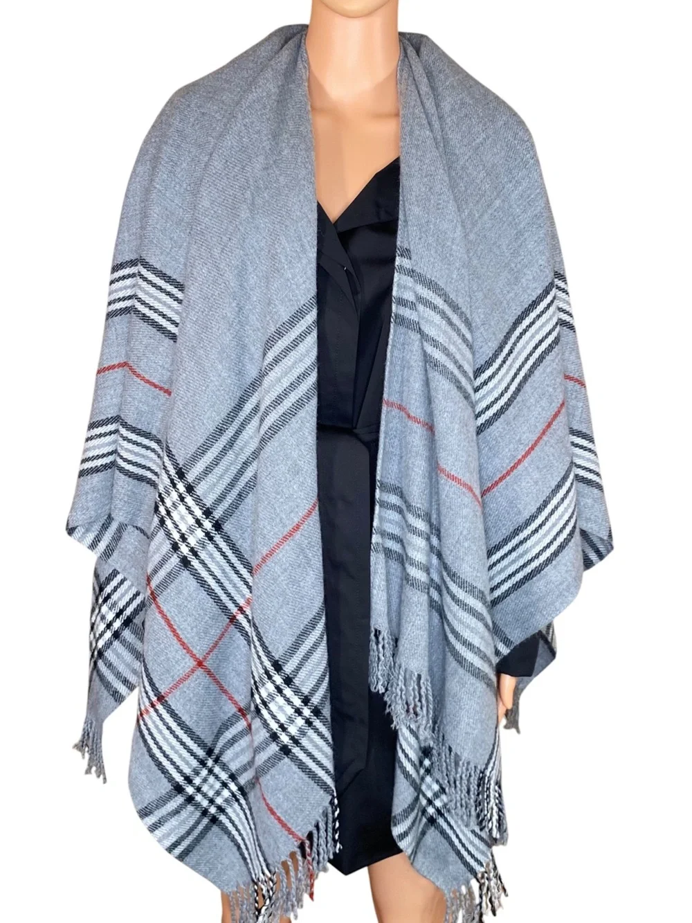 V. FRAAS Dark Academia Plaid Scarf Gray Black Burgundy Long Elegant Fringed